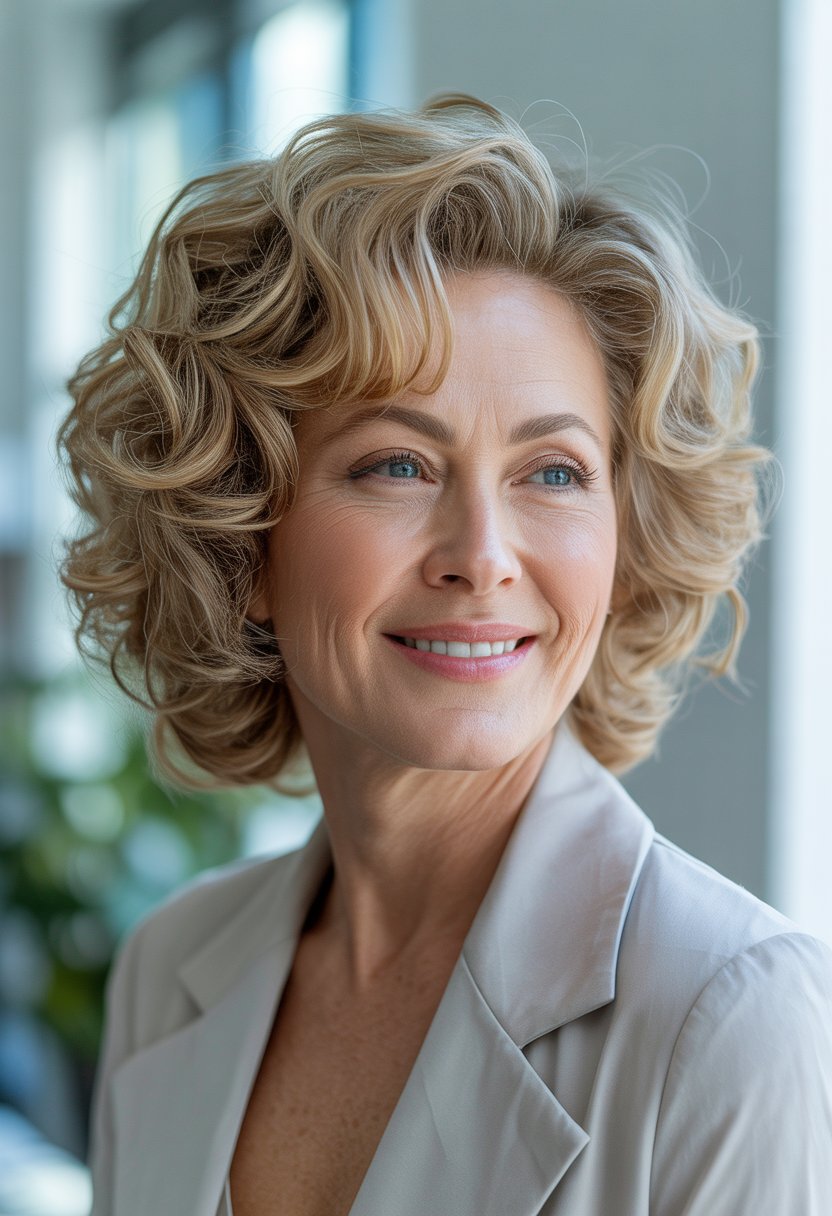 A smiling woman over 50 with voluminous curly hair in a bright indoor setting.