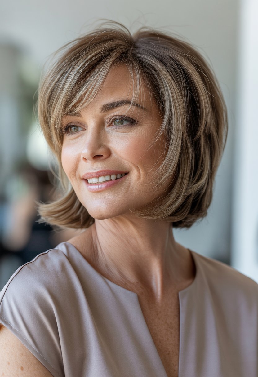 A smiling woman over 50 with short hair and bangs, looking slightly to the side against a neutral background.