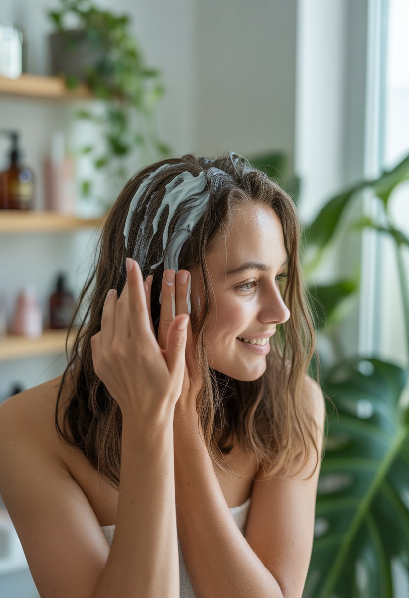 A young woman applying a hair mask to her dry hair in a bright bathroom with plants and hair care products.