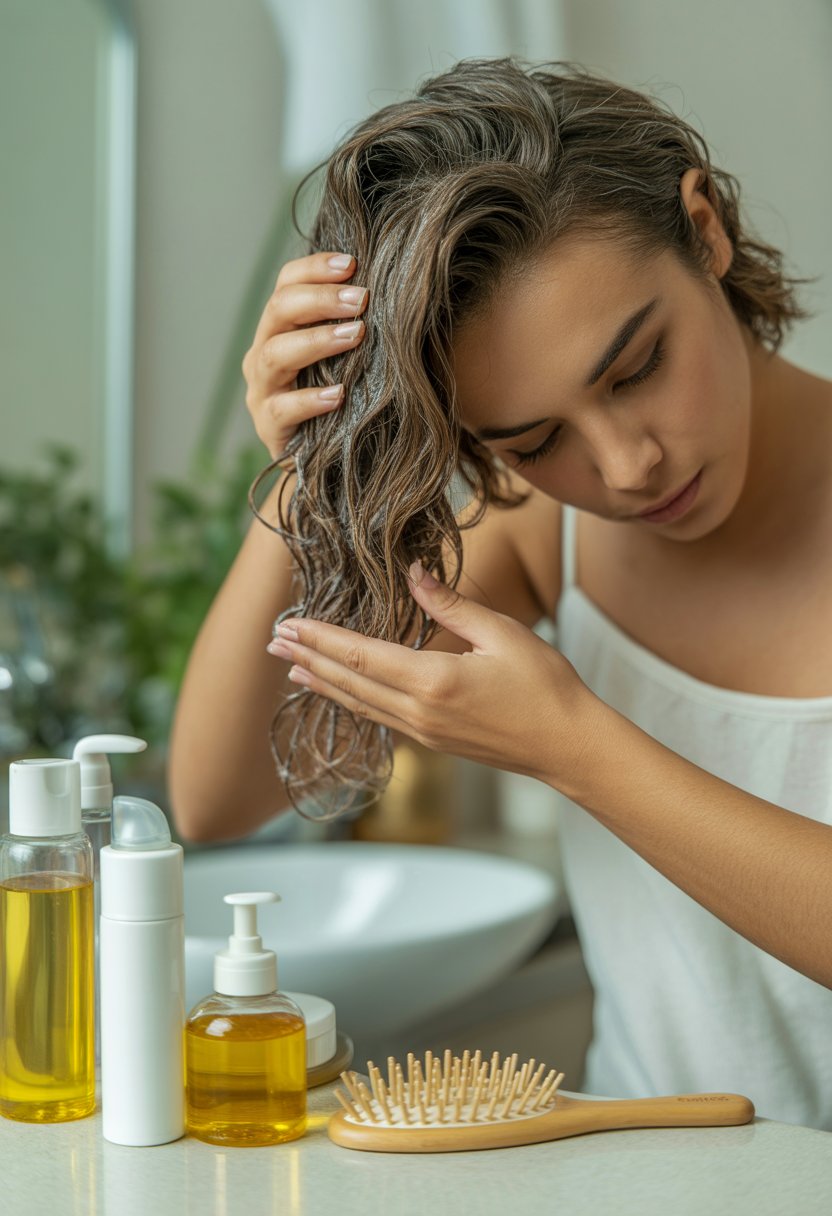 A woman applying a nourishing hair treatment to her dry hair in a bathroom setting with hair care products on the countertop.
