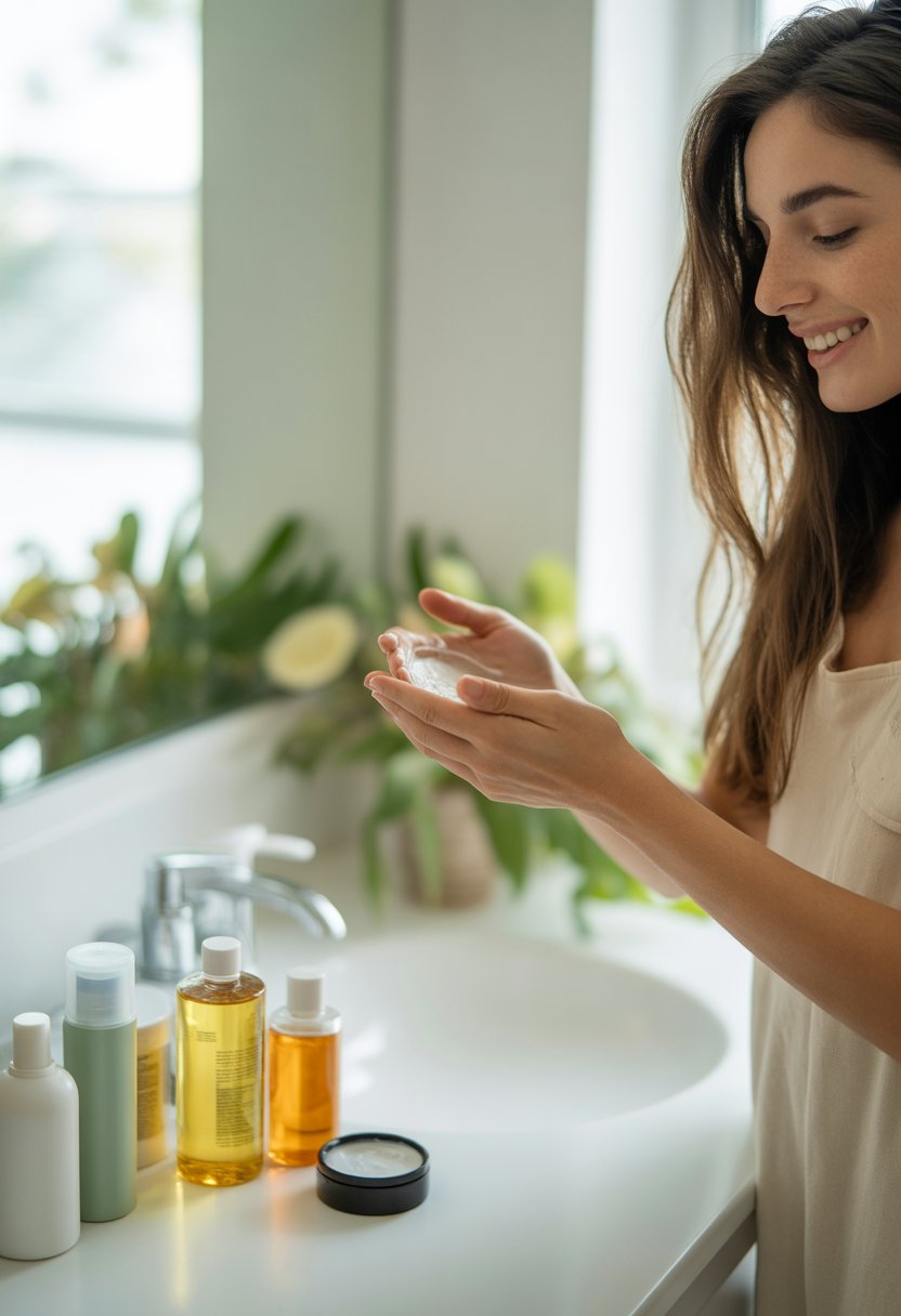 A woman applying a hair mask in a bright bathroom surrounded by hair care products and plants.