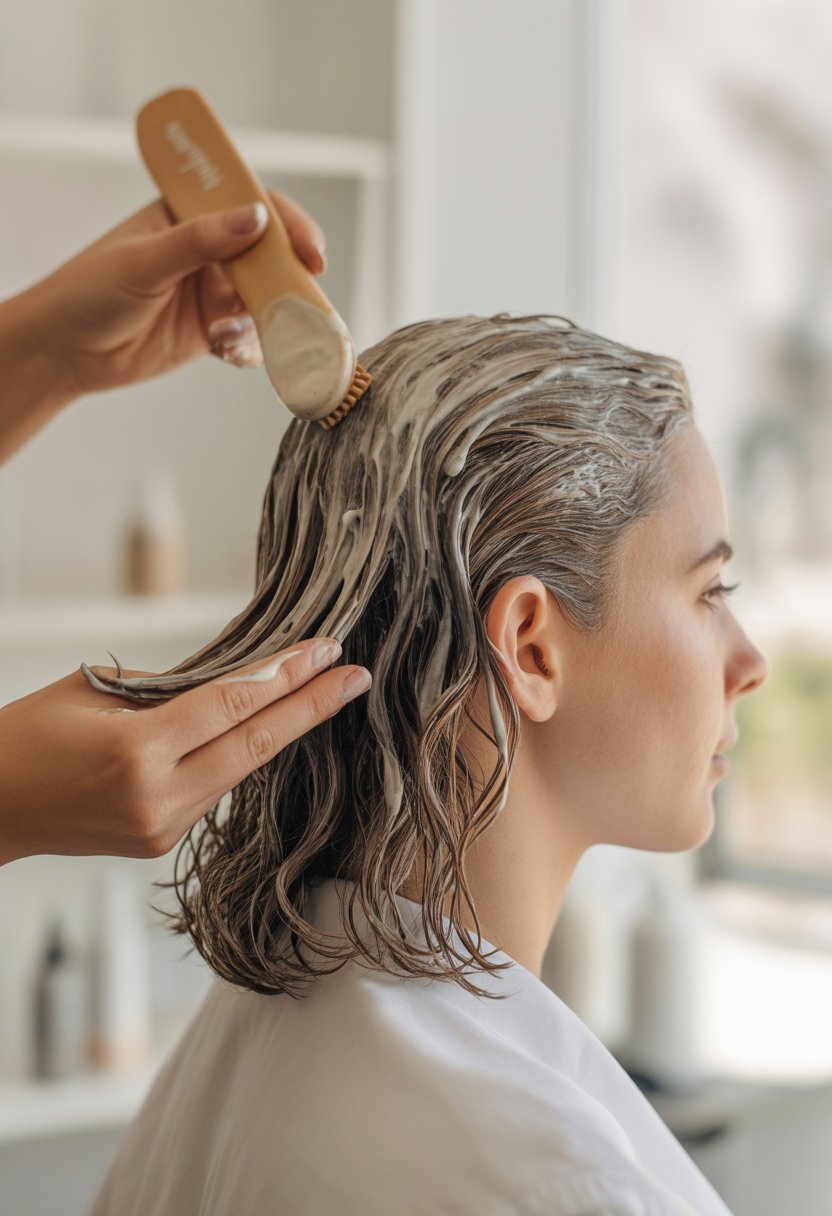 A woman receiving a hair moisturizing treatment from a stylist in a salon.