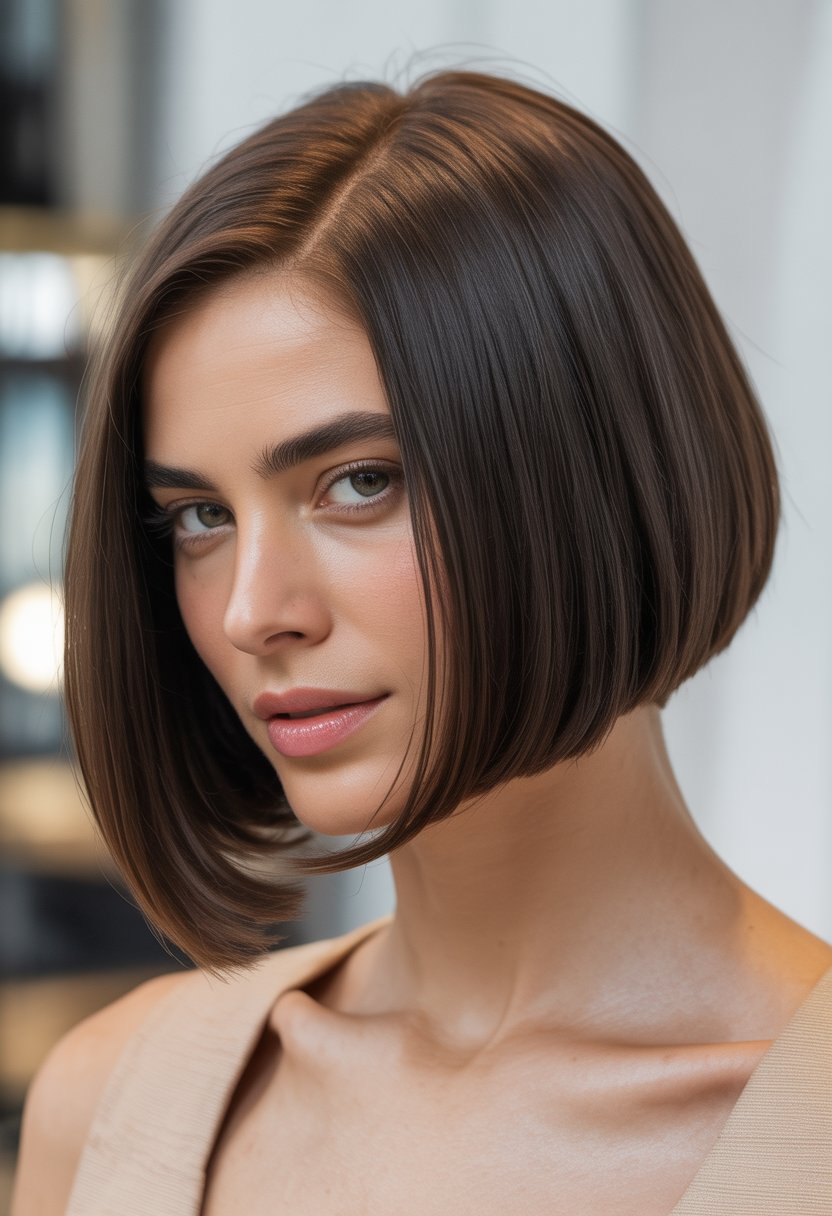 A woman with a sharp angled bob haircut looking confidently towards the camera in a studio setting.