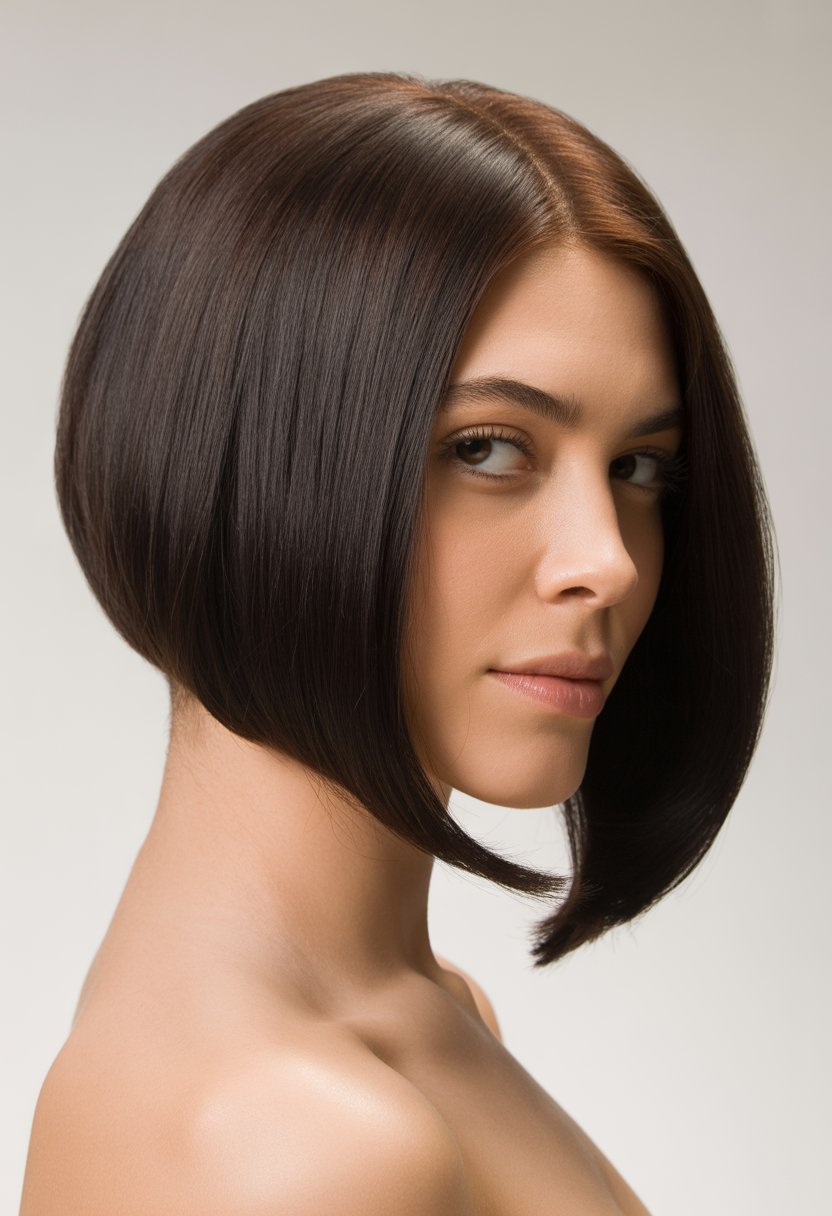 A woman with an asymmetrical angled bob haircut looking slightly to the side against a neutral background.