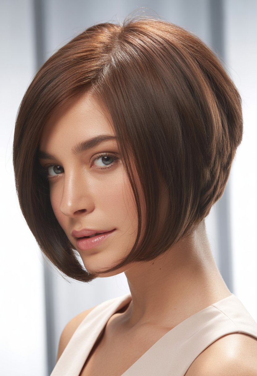 A woman with a stacked angled bob haircut, shown from a slight angle to highlight the layered hairstyle.