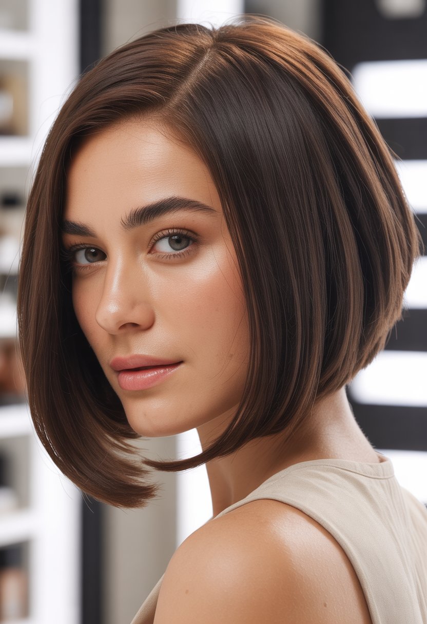 Close-up portrait of a woman with a short angled bob haircut, looking confidently at the camera against a blurred neutral background.