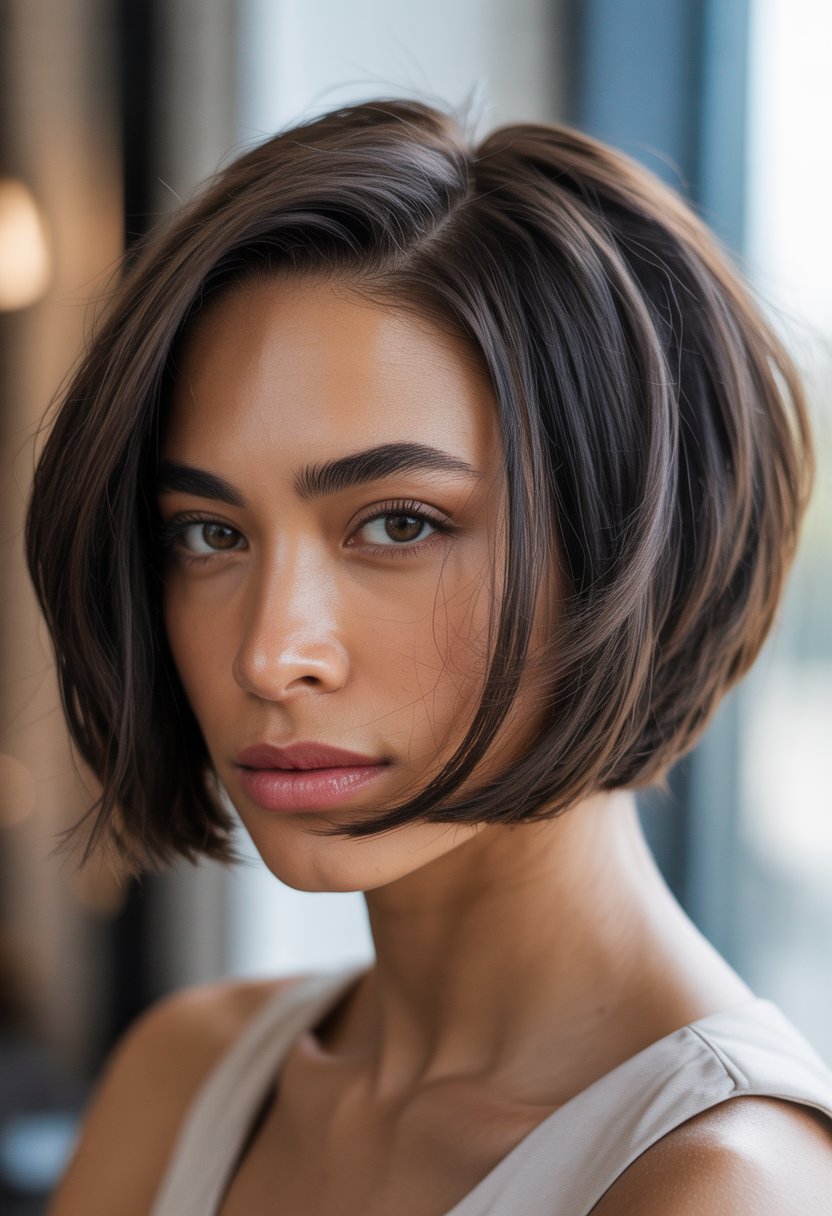 Close-up portrait of a woman with a short angled bob haircut, looking slightly to the side against a neutral background.