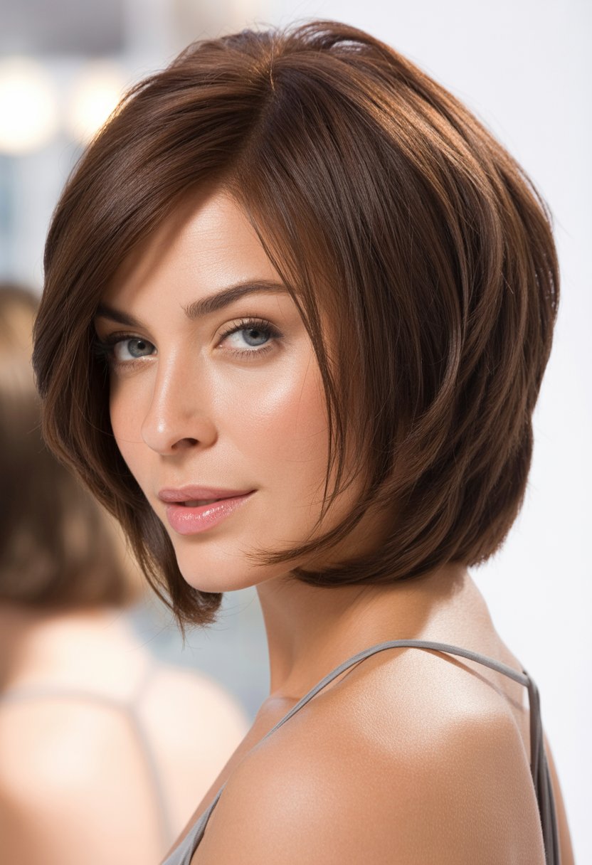 A woman with a layered angled bob haircut looking slightly to the side against a neutral background.
