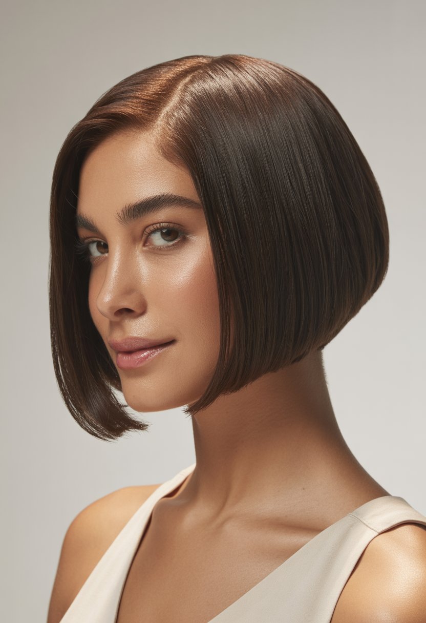 A woman with a short angled bob haircut looking slightly to the side against a neutral background.