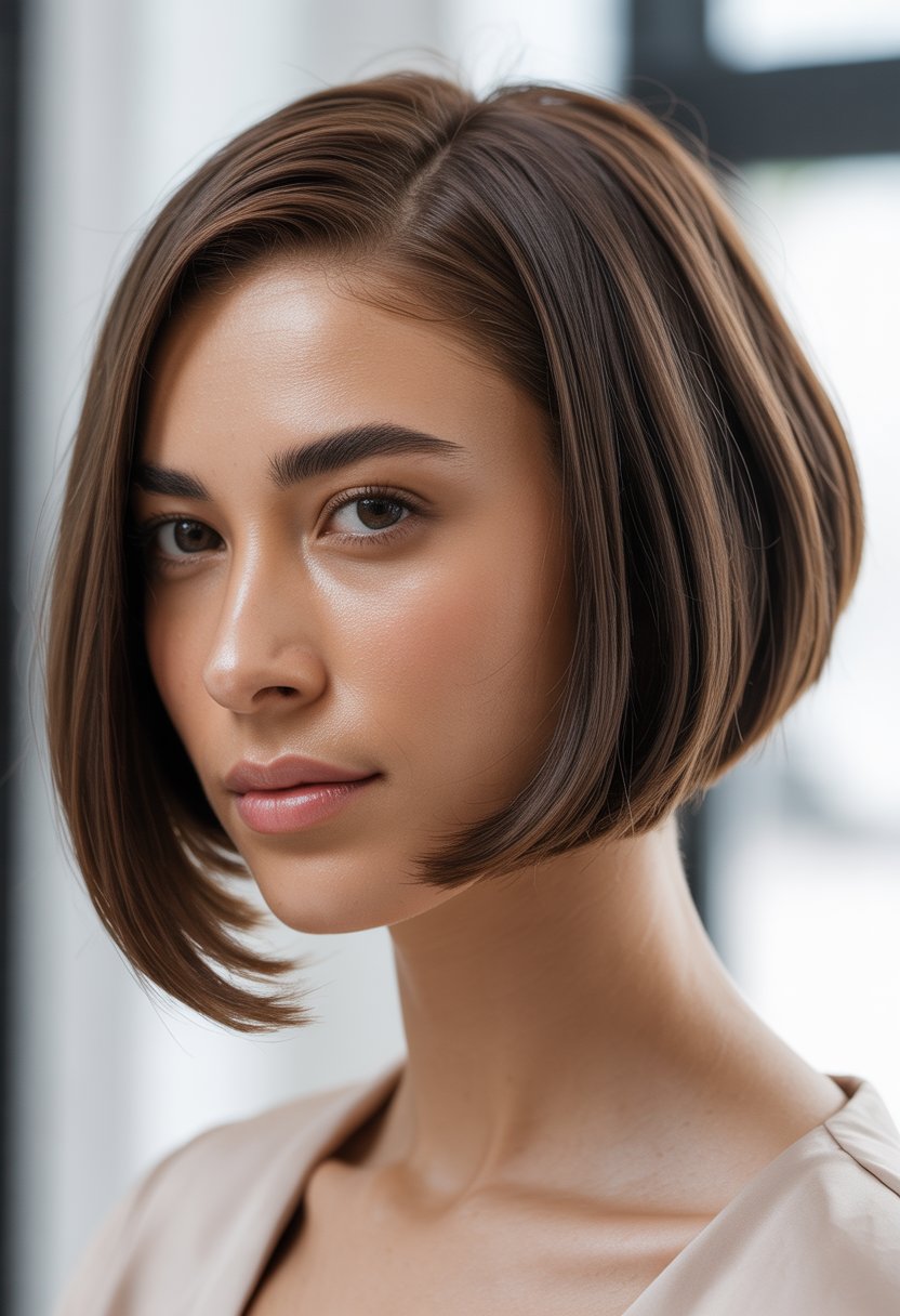 Close-up portrait of a woman with a short angled bob haircut, looking confidently at the camera against a plain background.