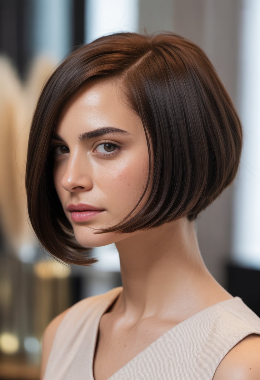 A woman with a side-swept bob haircut looking slightly to the side against a blurred neutral background.