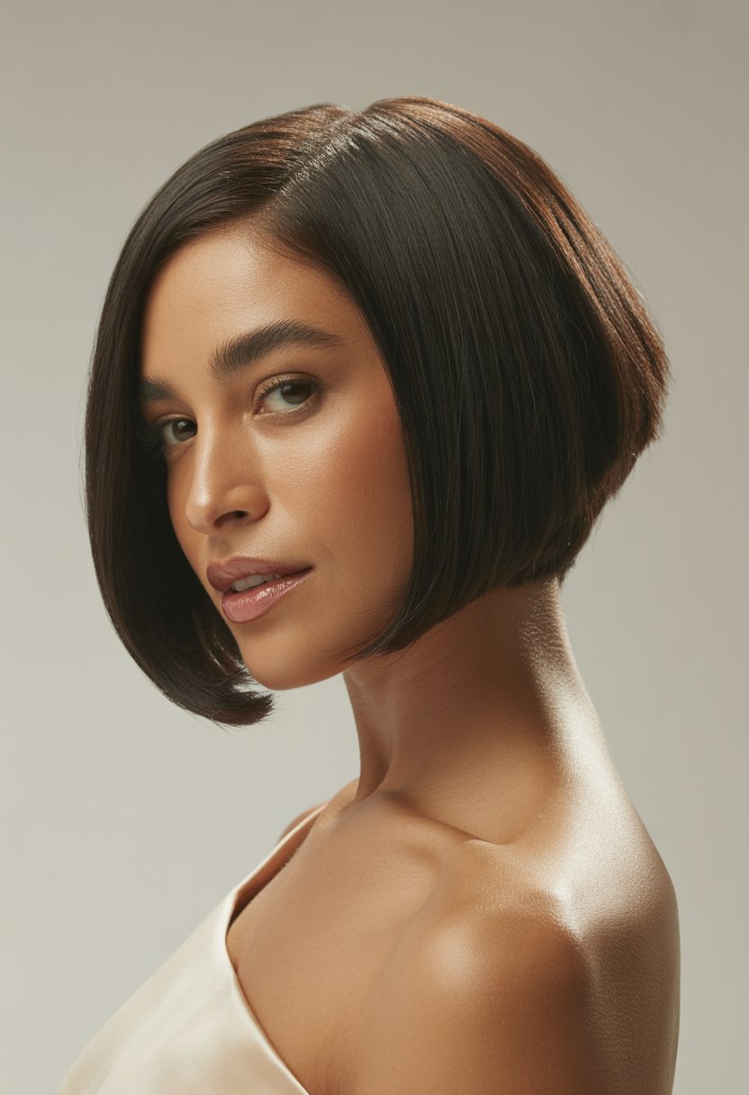 A woman with a sleek angled bob haircut looking confidently at the camera against a plain background.