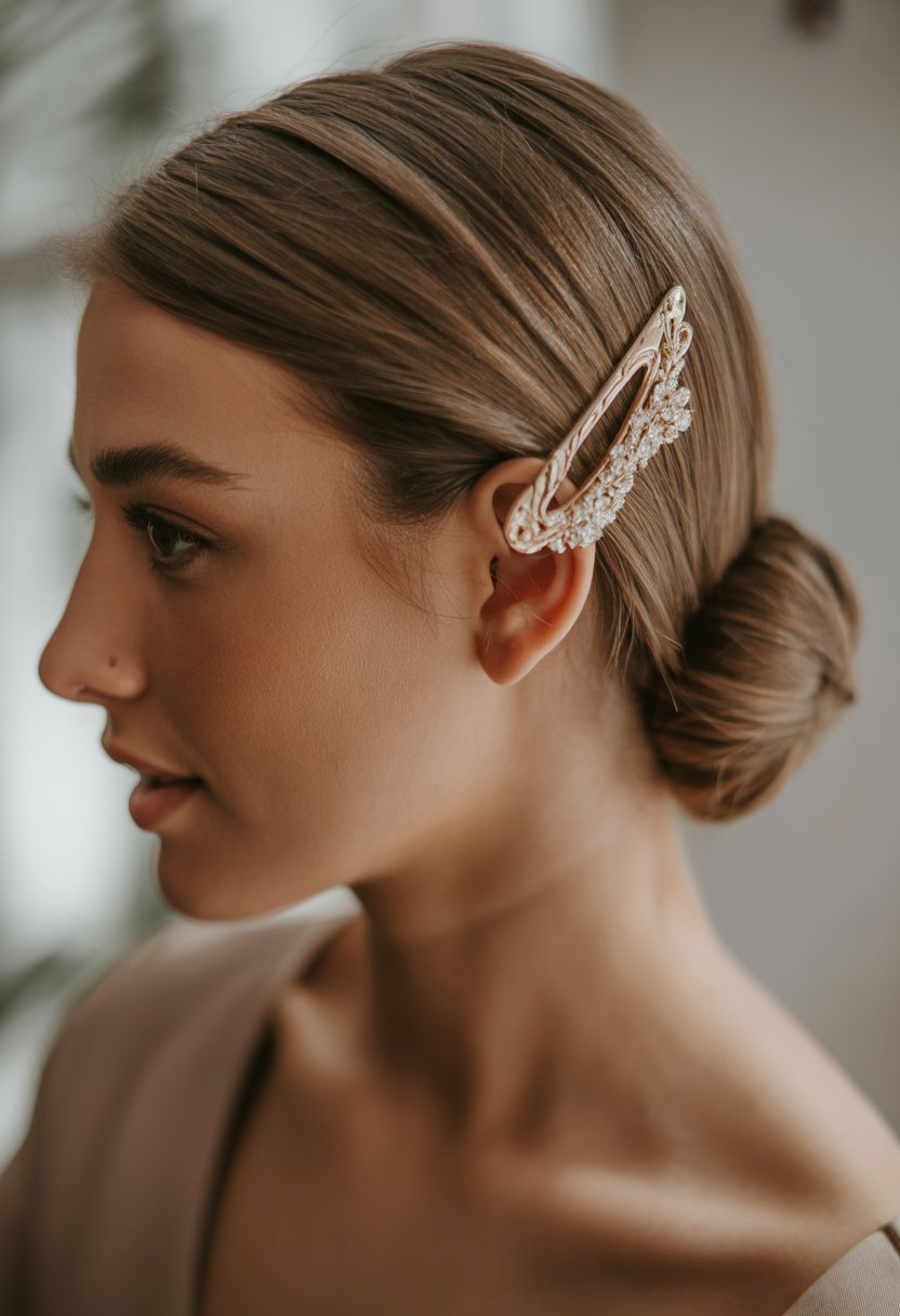 A woman with neatly styled hair held back by an elegant decorative hair clip.