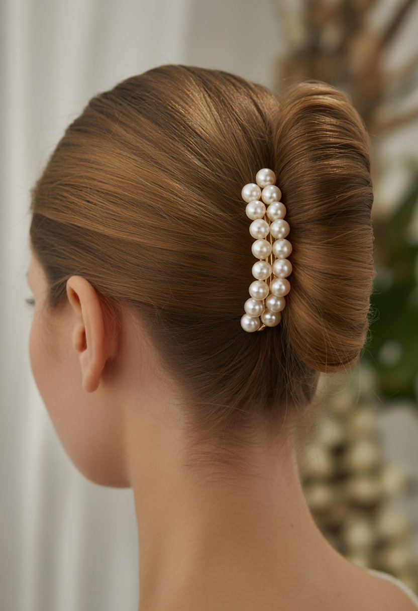 Back and side view of a woman with her hair styled in a French twist secured by a pearl hair clip.