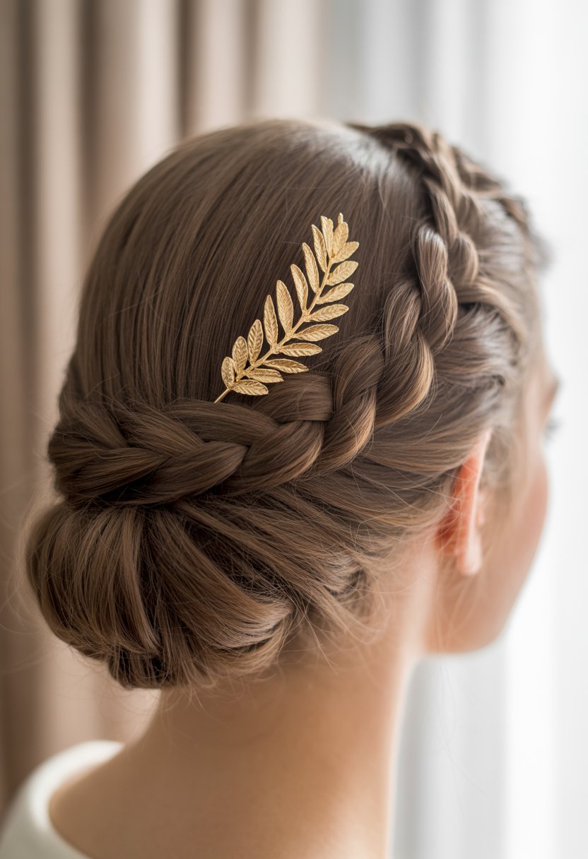 Close-up of a woman with a braided crown hairstyle decorated with a gold leaf pin.