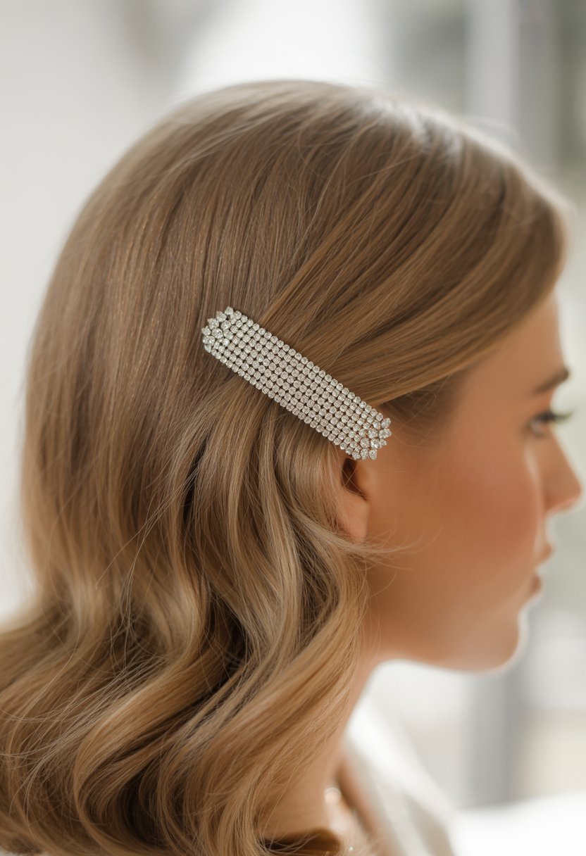 Close-up of a woman with hair swept to the side and secured with a decorative rhinestone clip.
