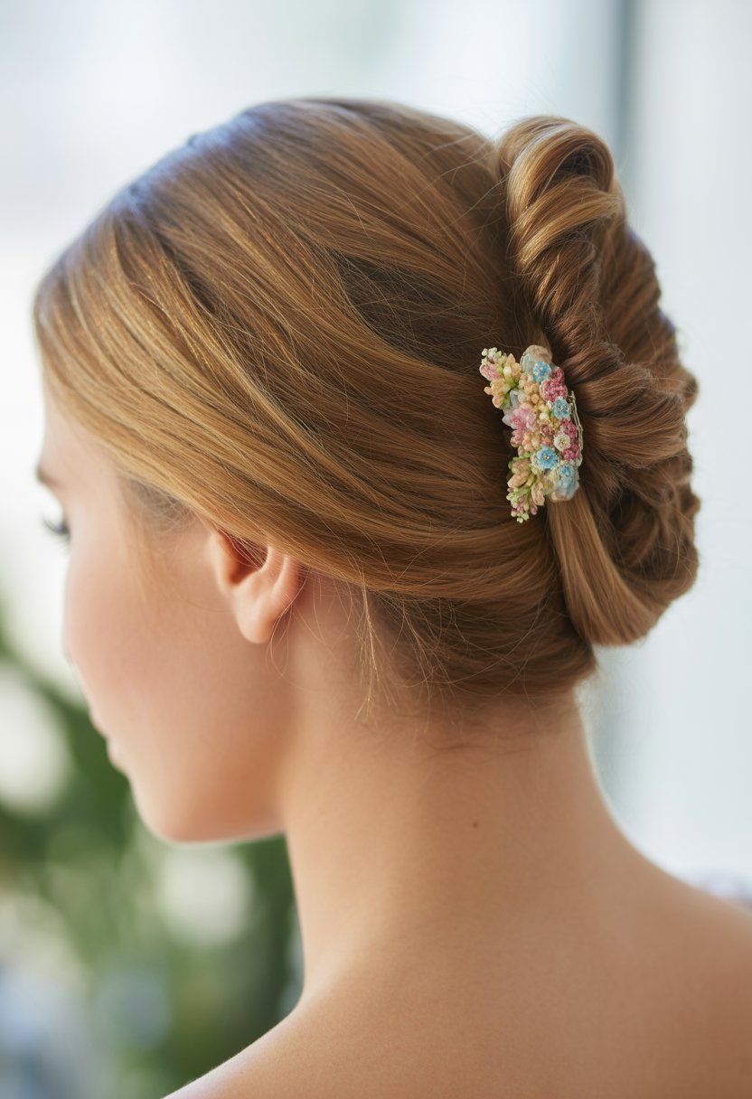 Close-up of a woman’s head showing a twisted half-up hairstyle with a floral hair clip.