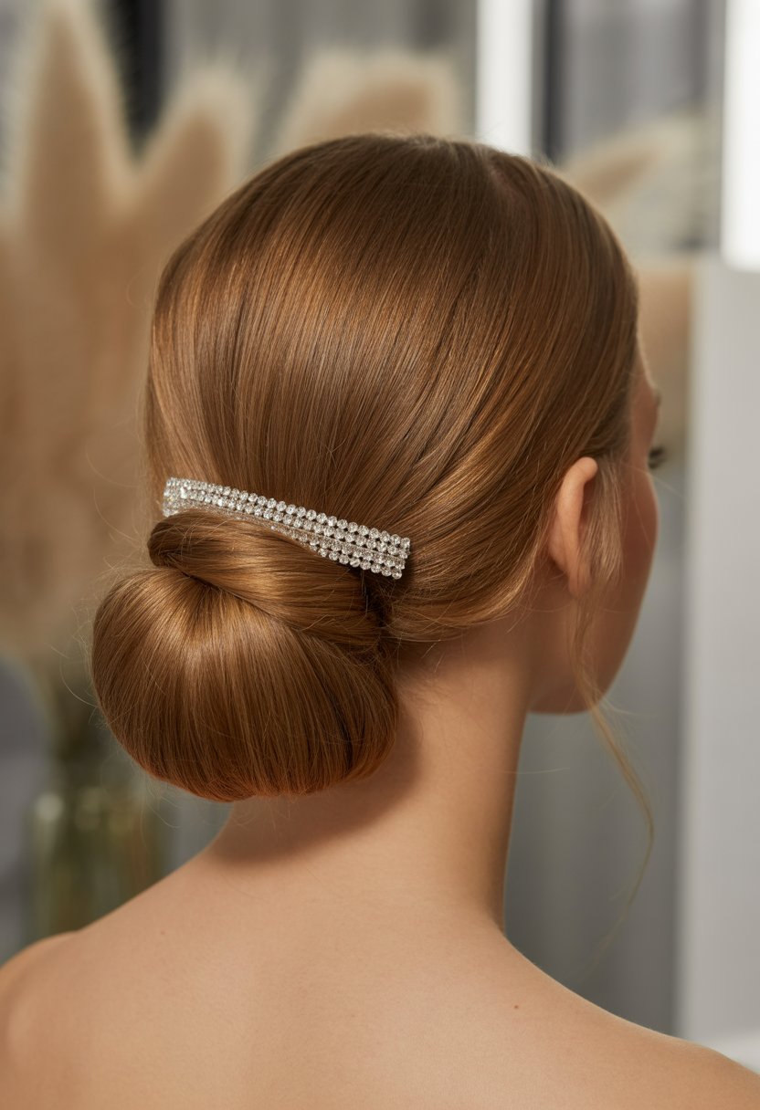 A woman with a low bun hairstyle decorated with a crystal hairpin, shown from behind.