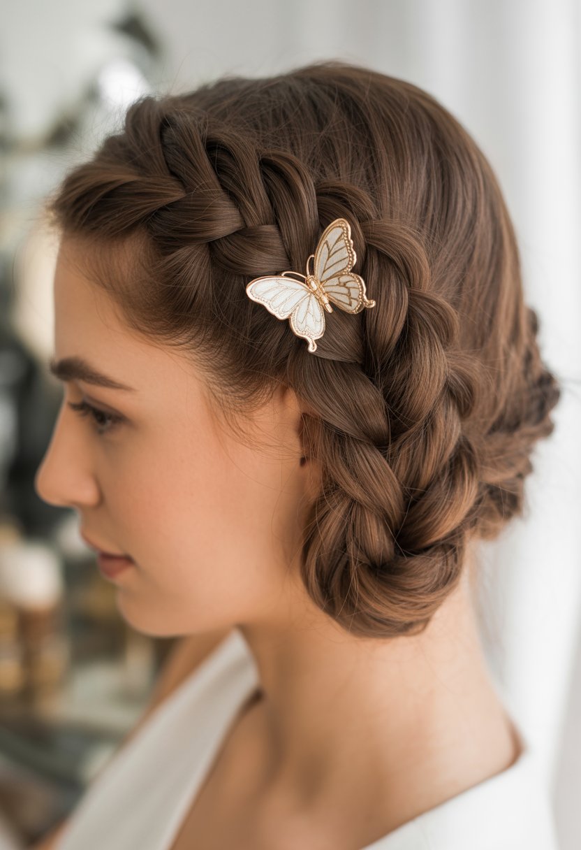 Close-up of a woman with a waterfall braid decorated with a butterfly hair clip.