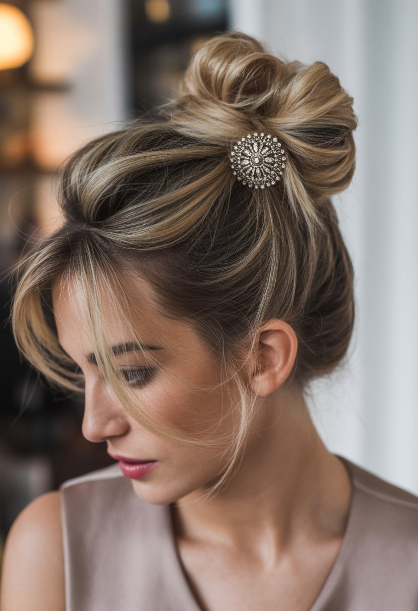 Close-up of a woman with a messy bun hairstyle decorated with a vintage brooch.