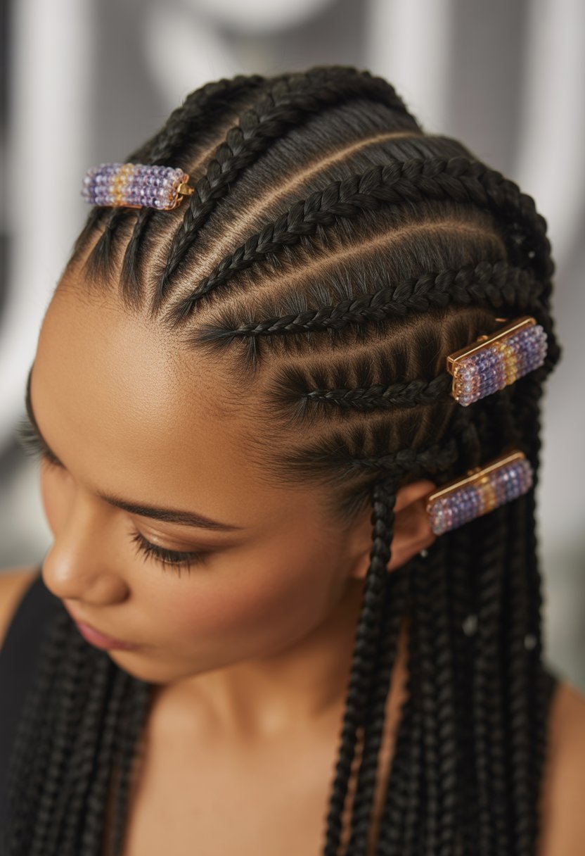 Close-up of a woman's head with double braids decorated with beaded clips.