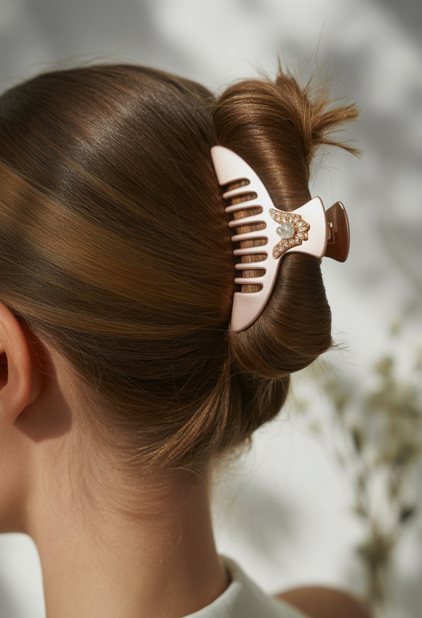 Close-up of a woman's head with hair styled in a top knot held by a decorative claw clip.