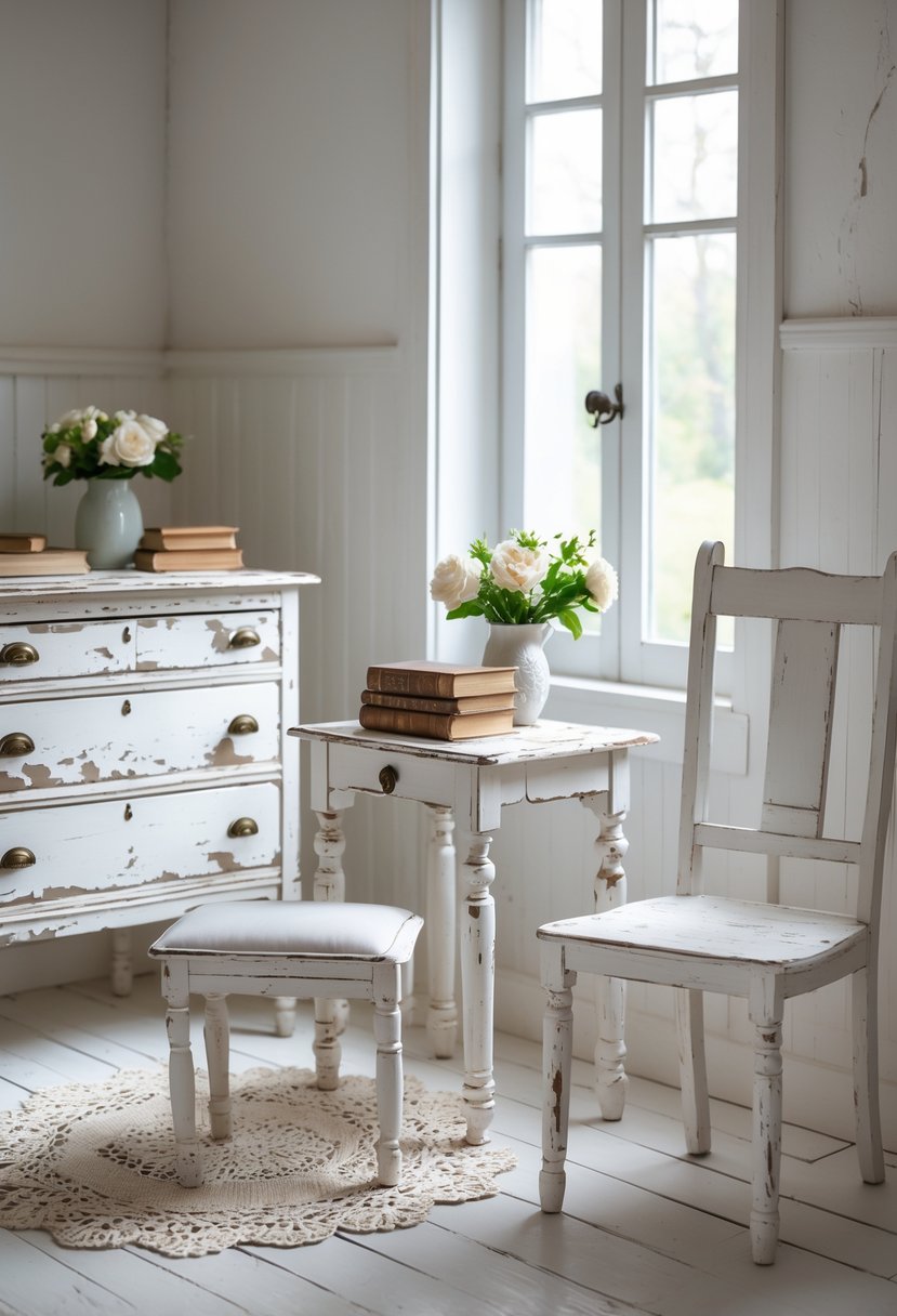A cozy room with distressed white wooden furniture including a dresser, side table, and chair, decorated with flowers and books.