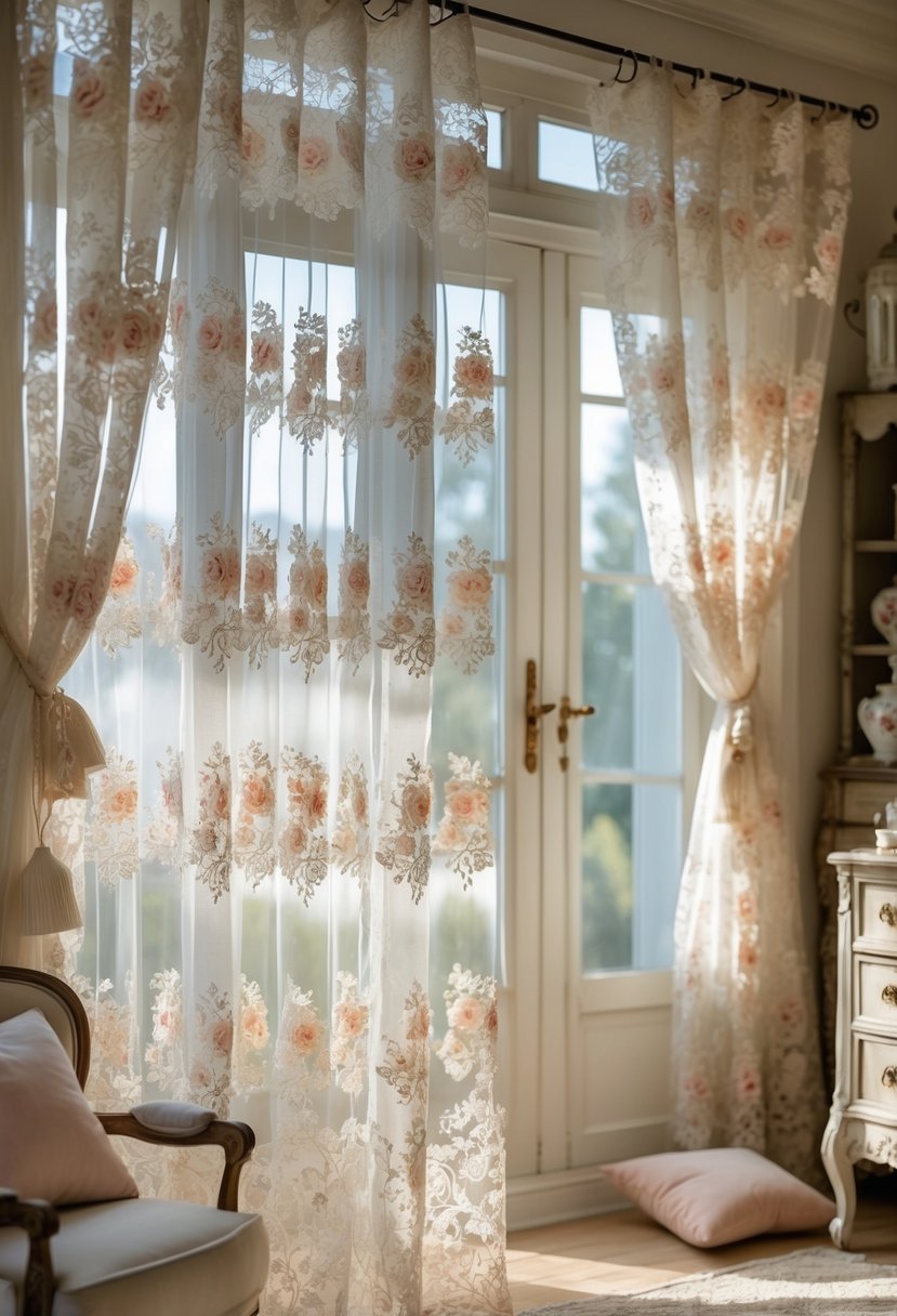 Delicate floral lace curtains hanging in front of a window with soft natural light and vintage furniture in the background.