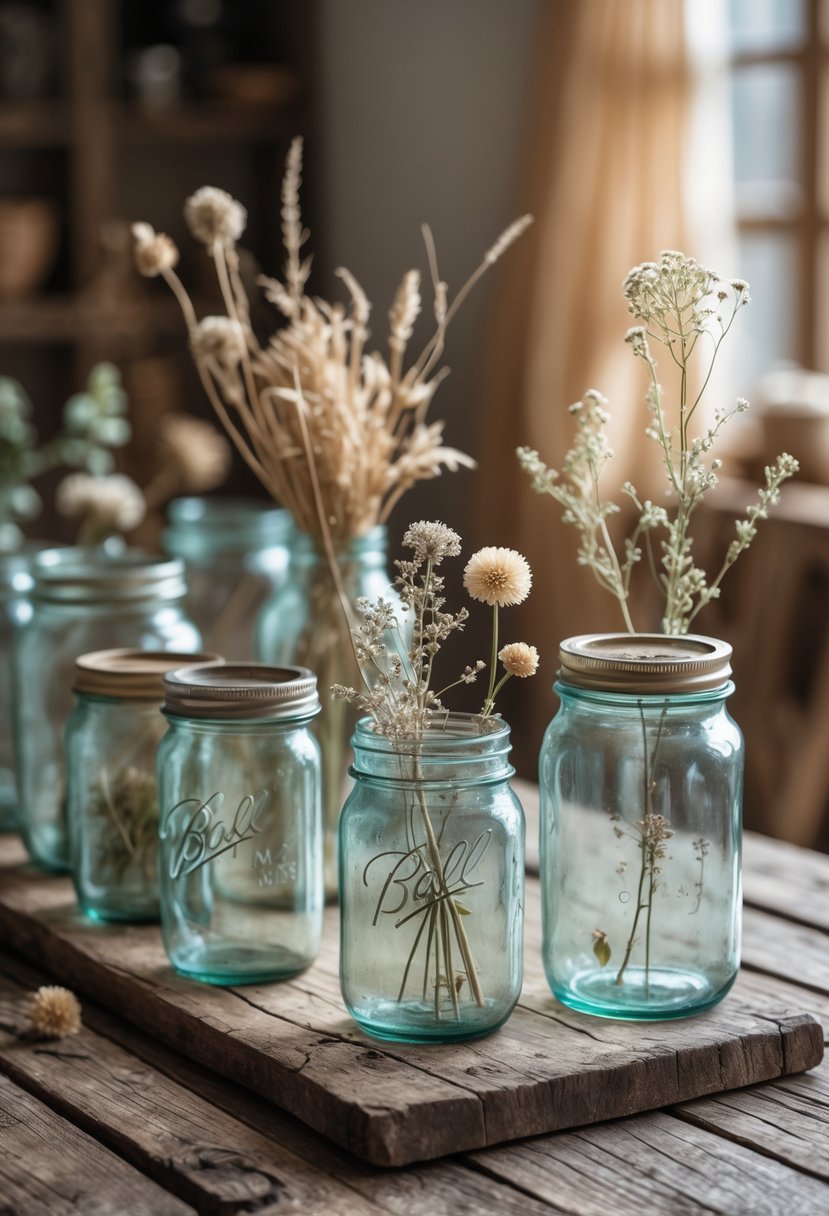 A collection of antique mason jars on a wooden table with dried flowers and greenery in soft natural light.