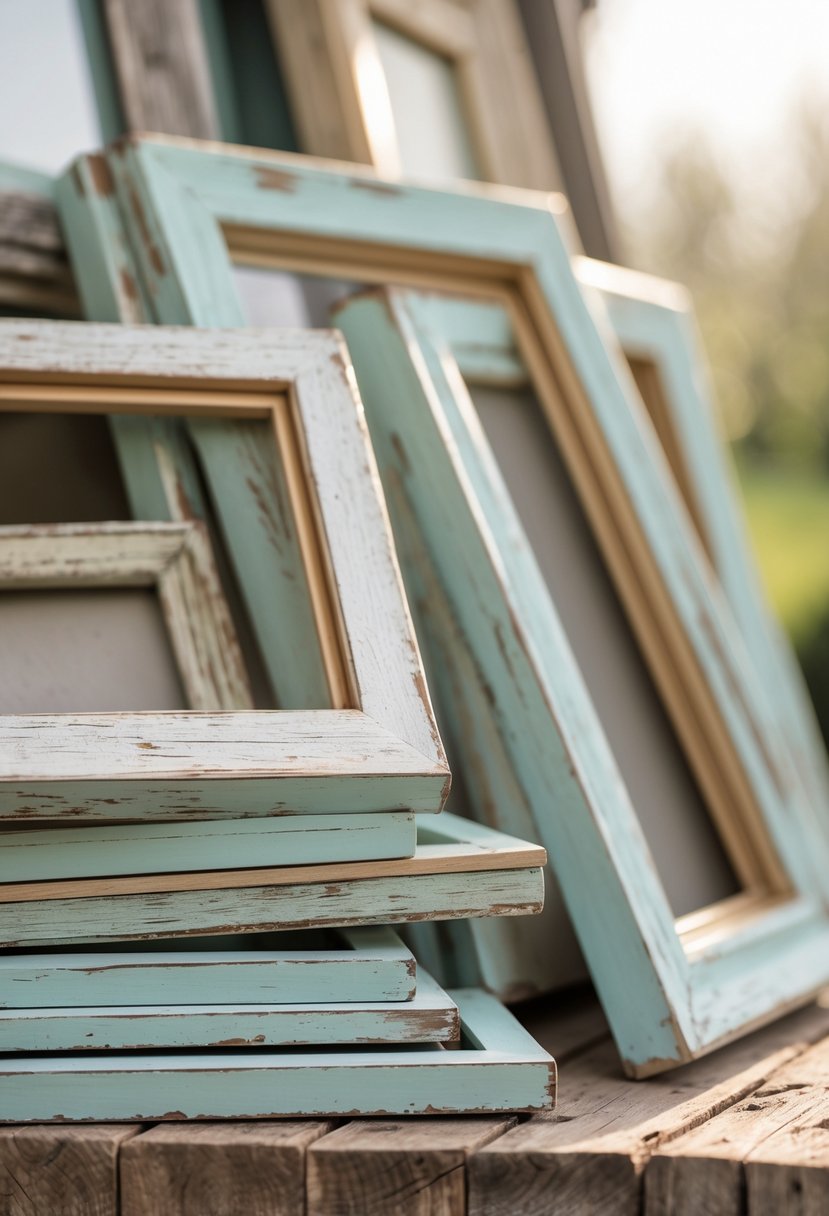 Close-up of several worn wooden picture frames arranged on a wooden surface with soft natural lighting.
