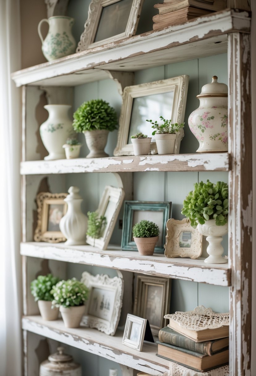 Wooden shelves with peeling paint displaying antique vases, picture frames, plants, lace doilies, and old books in a softly lit room.