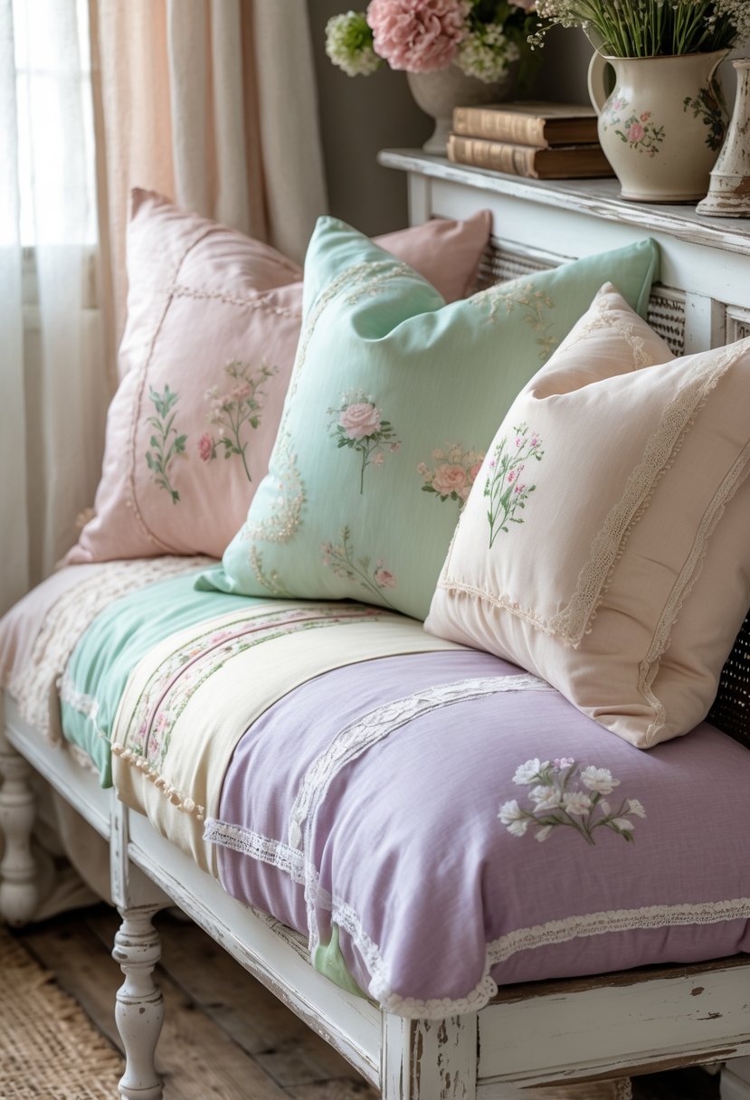 A cozy seating area with pastel-colored throw pillows arranged on a white wooden bench next to a small table with flowers and books.
