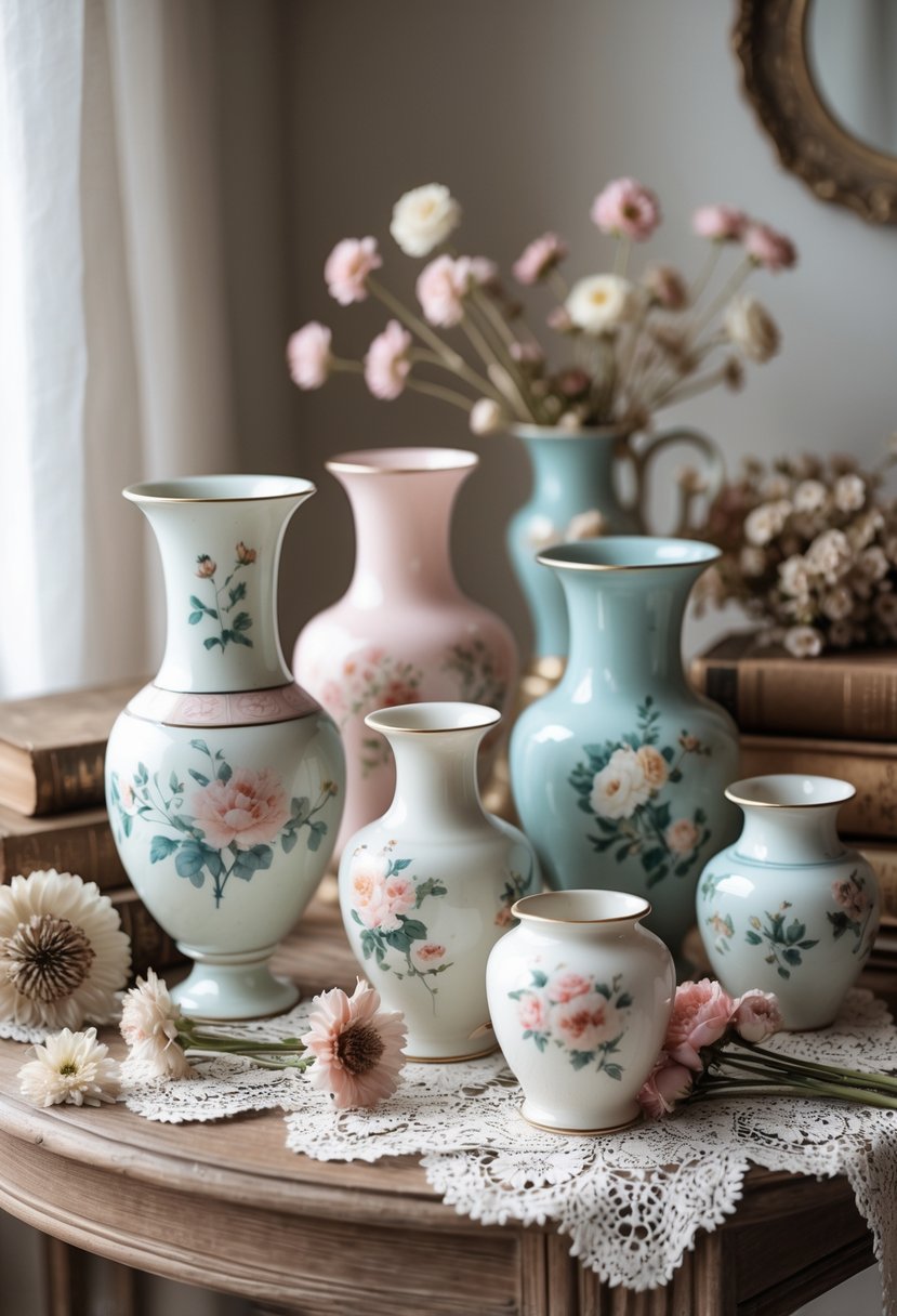 A collection of vintage porcelain vases arranged on a wooden table with dried flowers and antique books.