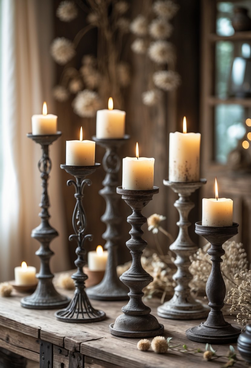A group of iron candle holders with lit candles arranged on a wooden surface in a softly lit indoor setting.