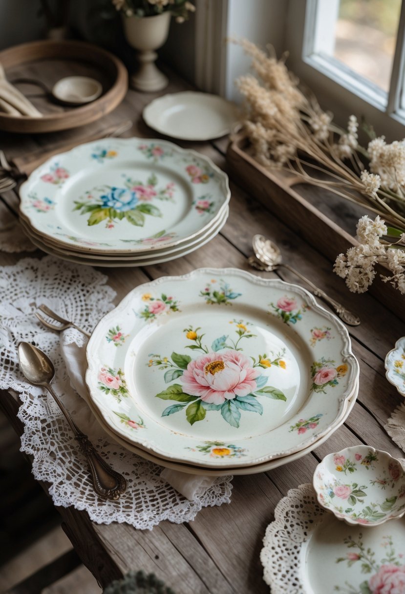 A table displaying several hand-painted ceramic plates with floral designs, surrounded by vintage decor items like lace doilies and dried flowers.