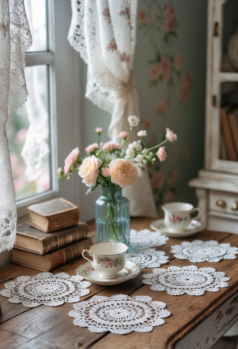 A wooden table with crocheted doilies under teacups, a small vase of flowers, and vintage books in a softly lit room.