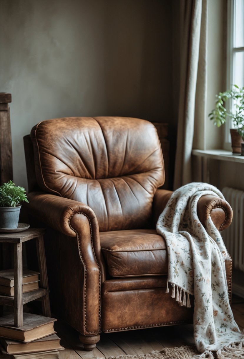 A worn leather armchair in a cozy living room with a wooden side table, potted plant, books, and a throw blanket.