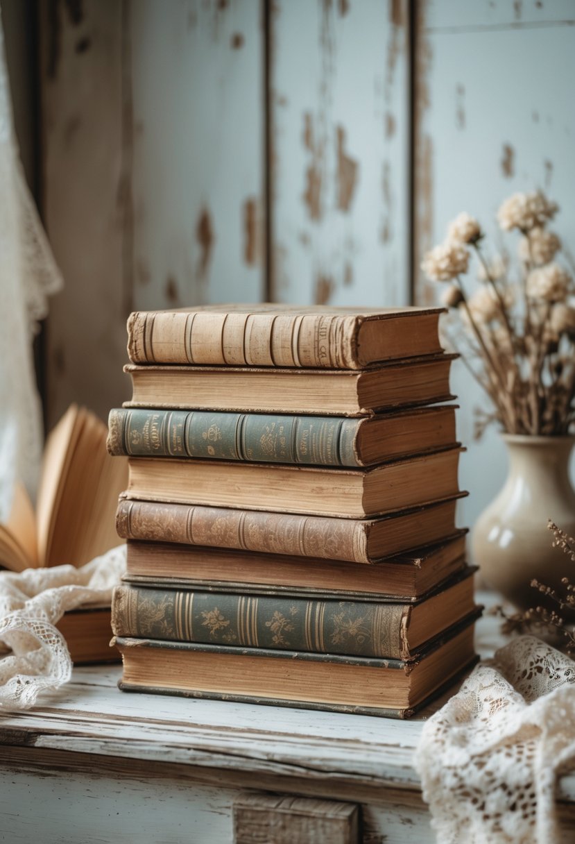 A stack of old books on a wooden surface with a small vase of dried flowers and lace fabric nearby.