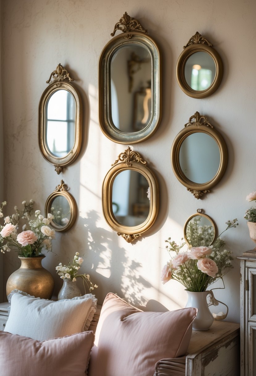 A cozy interior featuring several aged brass framed mirrors hanging on a wall above rustic furniture and floral decorations.