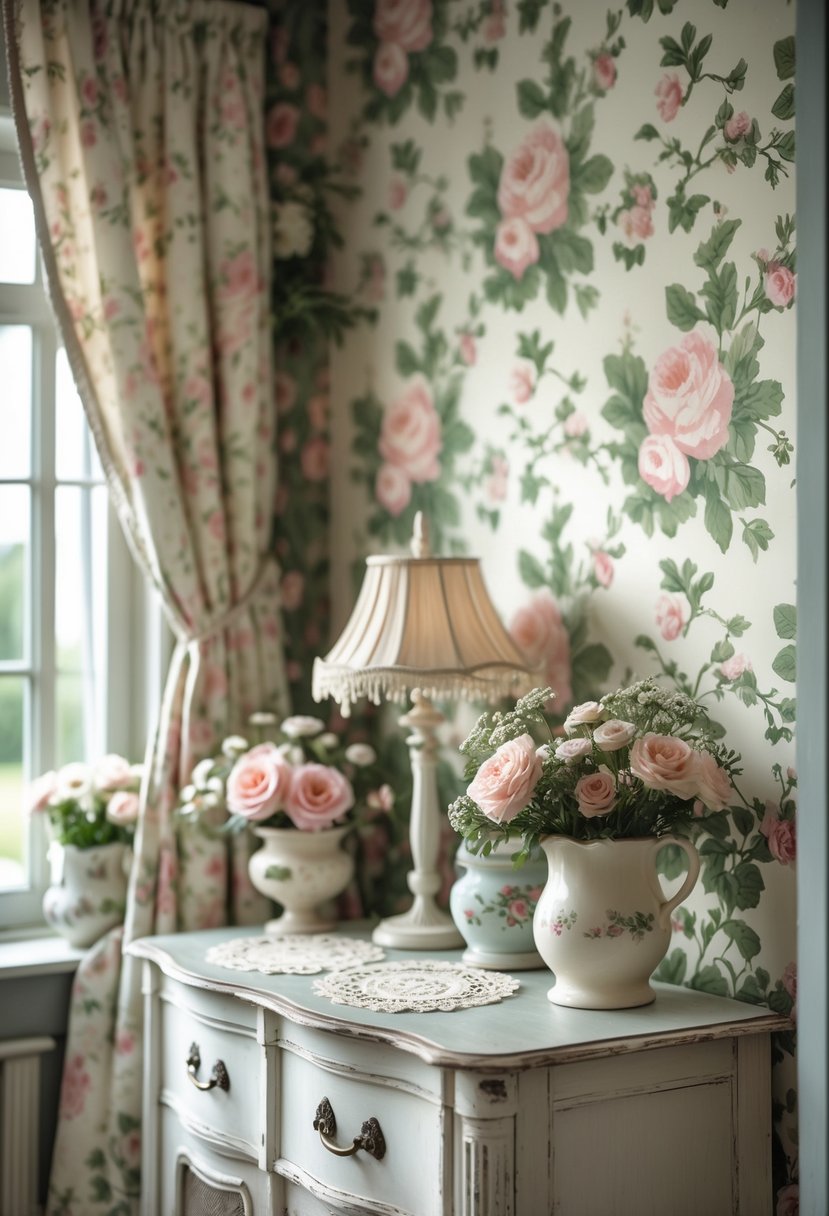 A cozy room corner with floral wallpaper, antique wooden furniture, and fresh flowers on a small table.