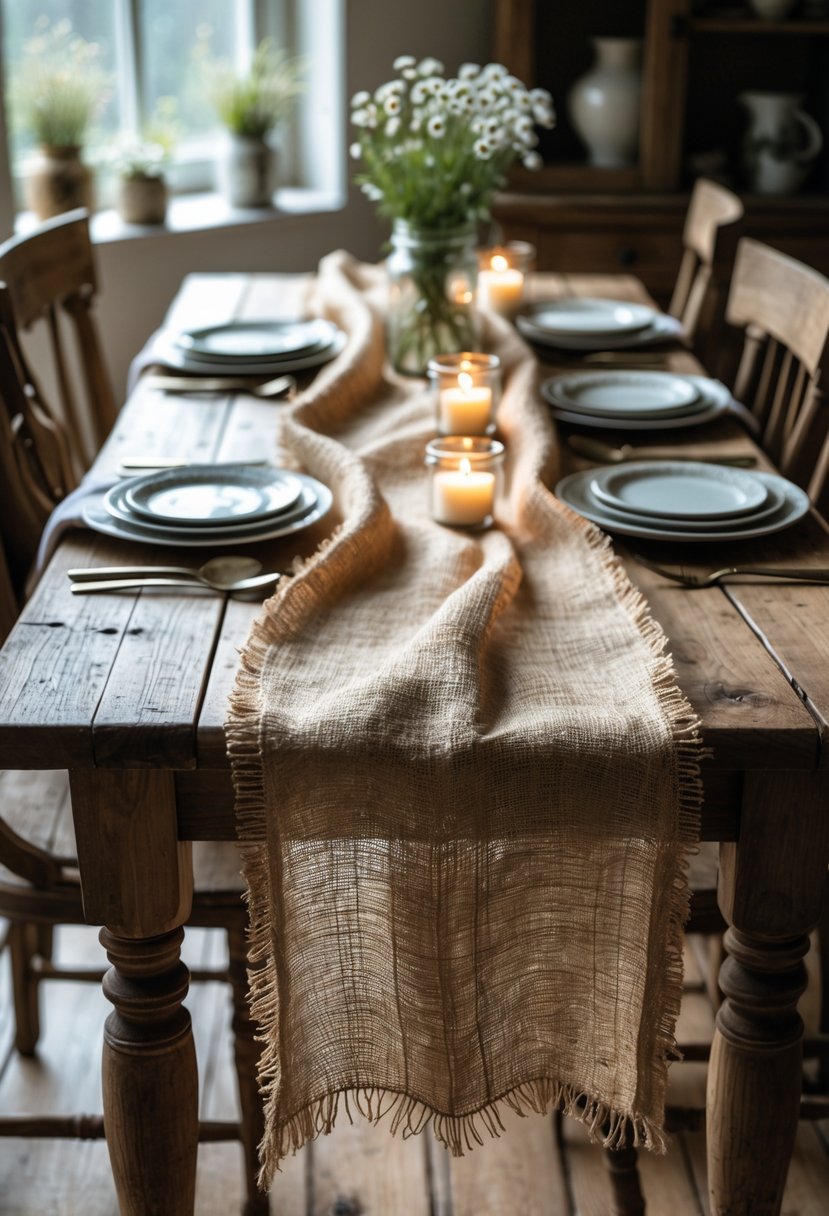 A wooden dining table with a textured burlap table runner draped over it, decorated with plates, linen napkins, mason jars with flowers, and candles.