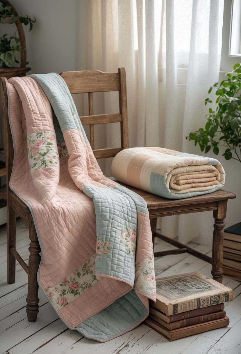 Cozy faded quilted blankets arranged on a wooden chair and bench in a softly lit room with natural sunlight.
