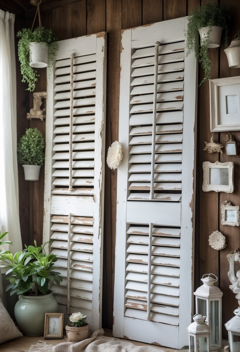 A cozy interior scene with vintage window shutters used as wall decor surrounded by plants and antique items.
